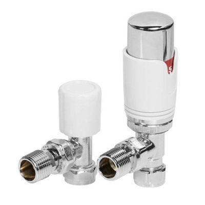 Picture of TRV round Angled White/Chrome Angled Thermostatic Radiator Valve Pack (Pairs) White/chrome